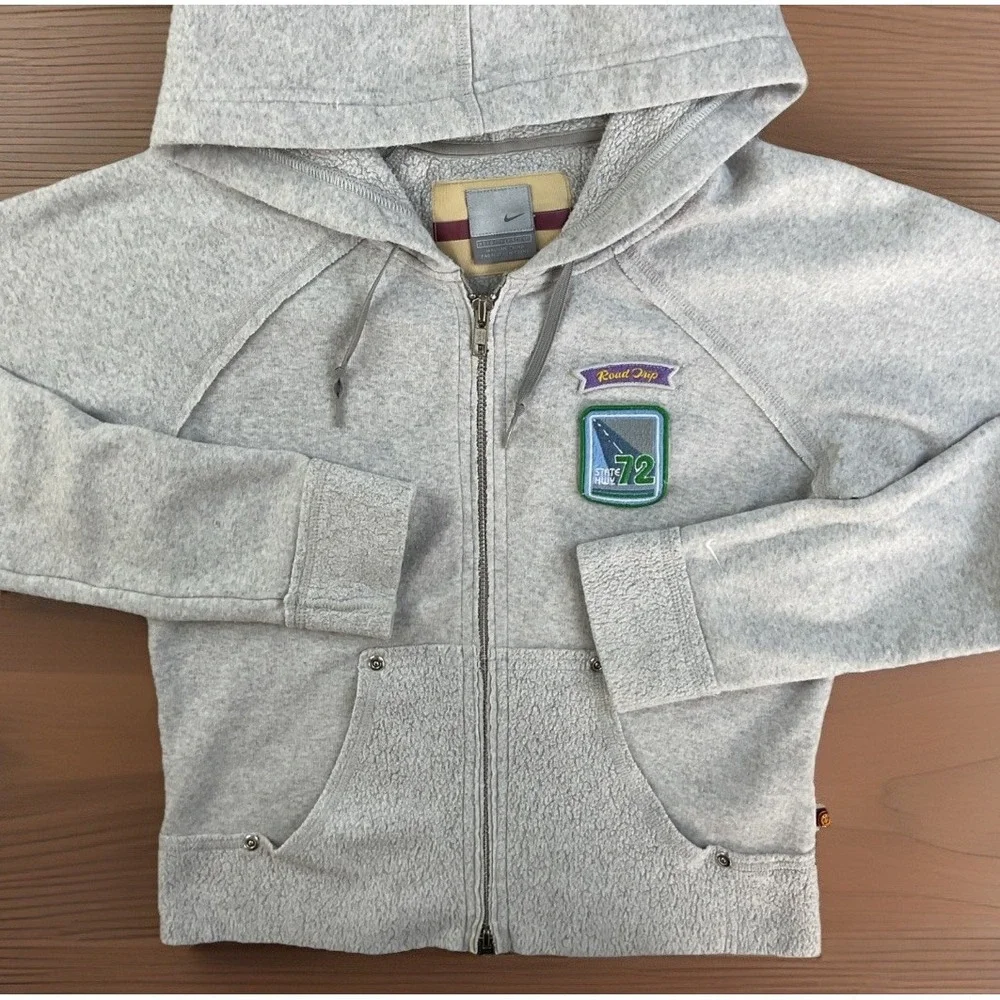 Vintage Nike Hoodie Sweatshirt Girls Sz XS Road Trip State HWY 72 Patch Gray 90s